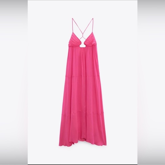 NWT Zara Hot Pink Chiffon Open Back Flowy Maxi Dress - Picture 8 of 10